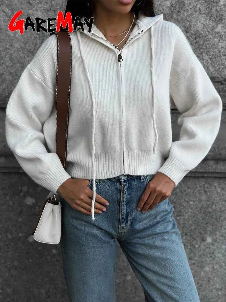 Autumn Knitted Women's Short Cardigan with Zipper Gray Winter Sweater Casual Cute Vintage White Cardigan for Women with Hood