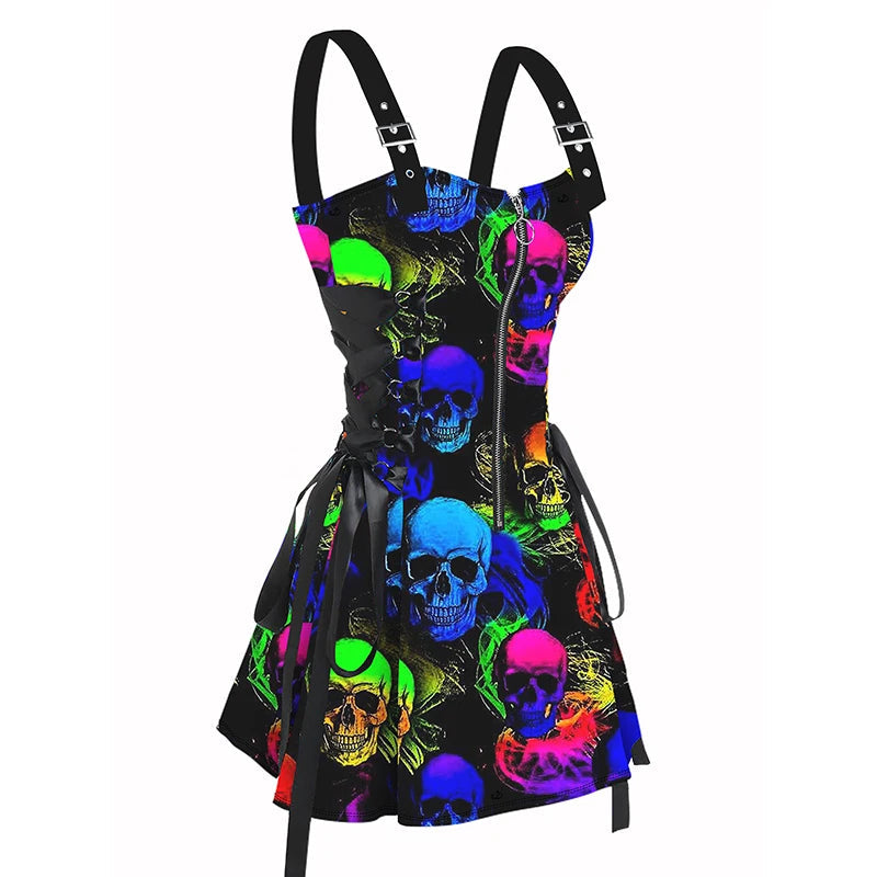 Dressfo 2025 Women's Gothic Sexy Dress Galaxy Print Lace Up Mini Dress Half Zipper Adjustable Buckle Strap Dress SS69 17.69 Black6401 / XL