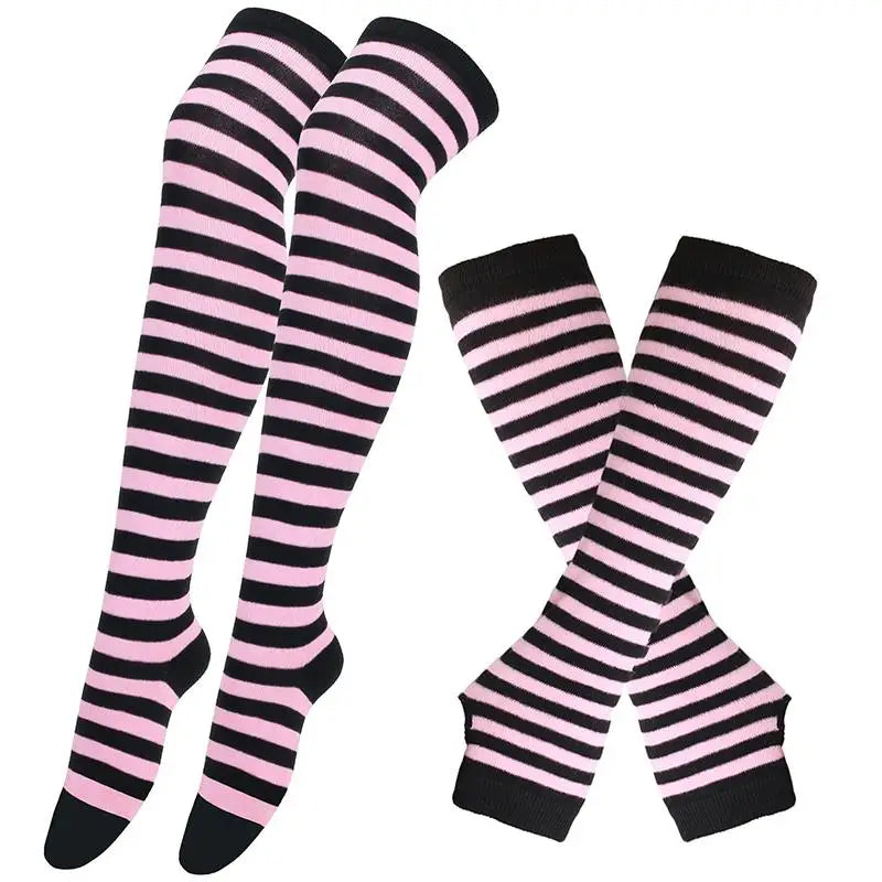 Gothic Striped Over Knee Socks & Arm Warmer Set