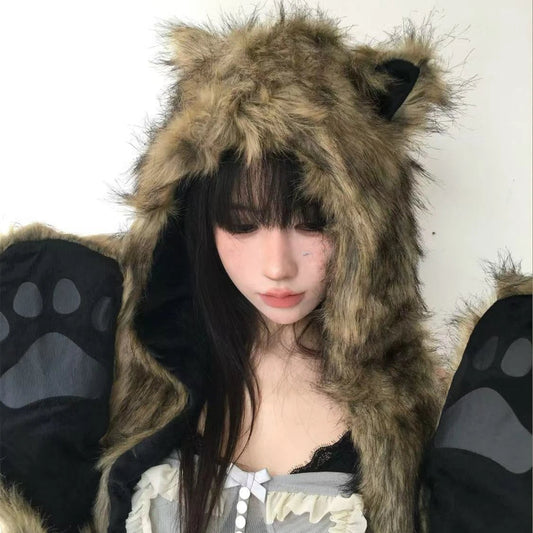 Japanese Kawaii Cute Fur Scarf Hat Winter Keep Warm Y2k Aesthetic Fashion Vintage Cap Bears Ears Women Hats Grunge Streetwear SS69
