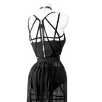 AltGoth Gothic Nightclub Sexy Skirt Set Women See Through Mesh Backless Crop Tops Emo Alt Punk High Waist Underpants Skirt 3pcs
