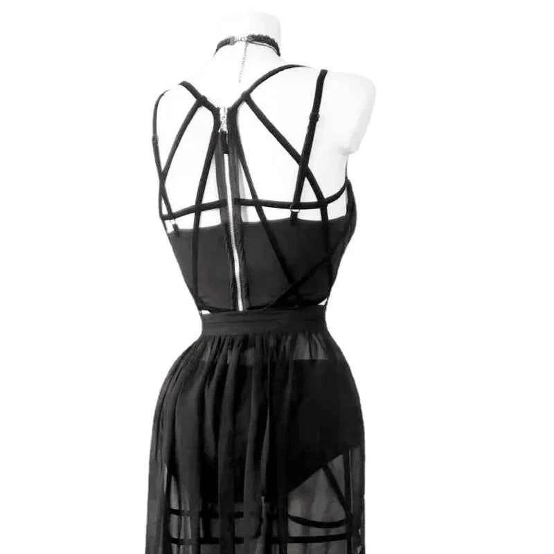 AltGoth Gothic Nightclub Sexy Skirt Set Women See Through Mesh Backless Crop Tops Emo Alt Punk High Waist Underpants Skirt 3pcs