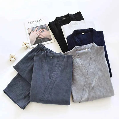 Large Size Kimono Robes with Pocket and Long Pants 2 Pcs Pajamas Set for Men Sleepwear Clothes Cotton Pjamas for Men