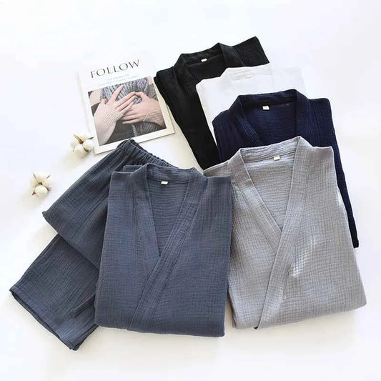 Large Size Kimono Robes with Pocket and Long Pants 2 Pcs Pajamas Set for Men Sleepwear Clothes Cotton Pjamas for Men