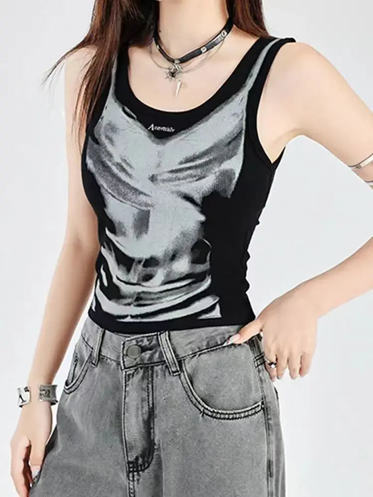 American retro style black printed suspender vest women T-shirt y2k millennium goth slim V-neck fashion top SS69