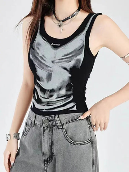American retro style black printed suspender vest women T-shirt y2k millennium goth slim V-neck fashion top SS69