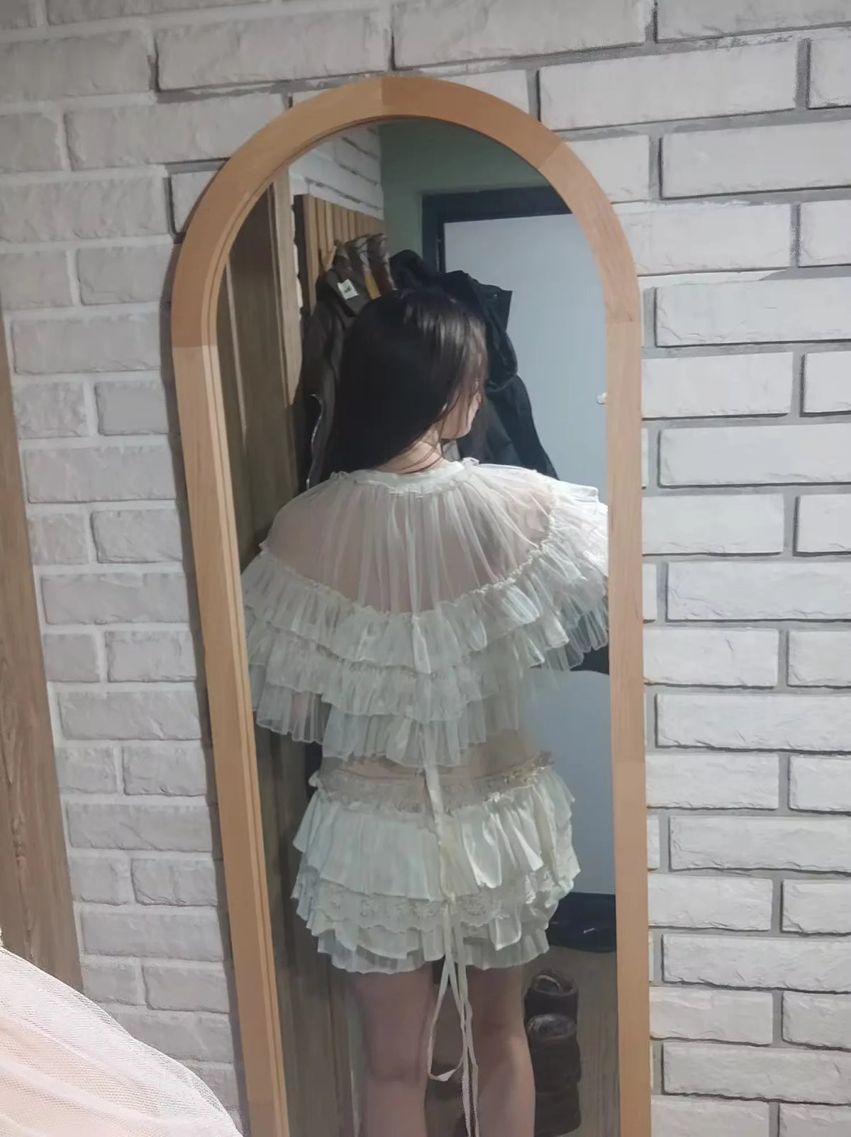 Women's Lace Mesh Short Shawl Poncho - Open Front Ruffled Collar