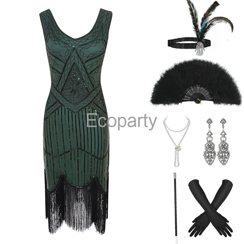 1920s Gatsby Dress 20s Flapper Girl Fancy Retro Sleeveless Sequins Embroidered Tassels Party Dress With Fan Necklace Accessories SS69 58.69 Green / XXL / CHINA