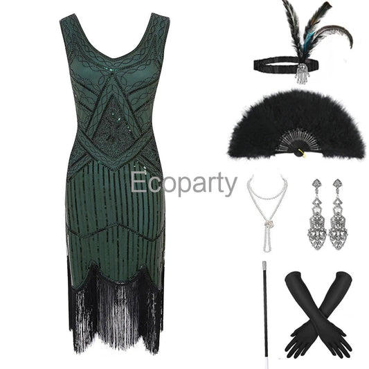1920s Gatsby Dress 20s Flapper Girl Fancy Retro Sleeveless Sequins Embroidered Tassels Party Dress With Fan Necklace Accessories SS69 58.69 Green / XXL / CHINA