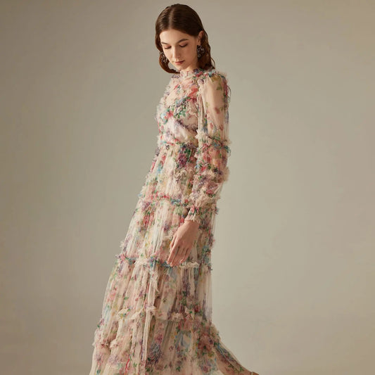 JAMERARY Fashion Floral Print Long Sleeve Maxi Dress For Women Summer Autumn Clothes Layers Ruffles Cake Dresses Evening SS69