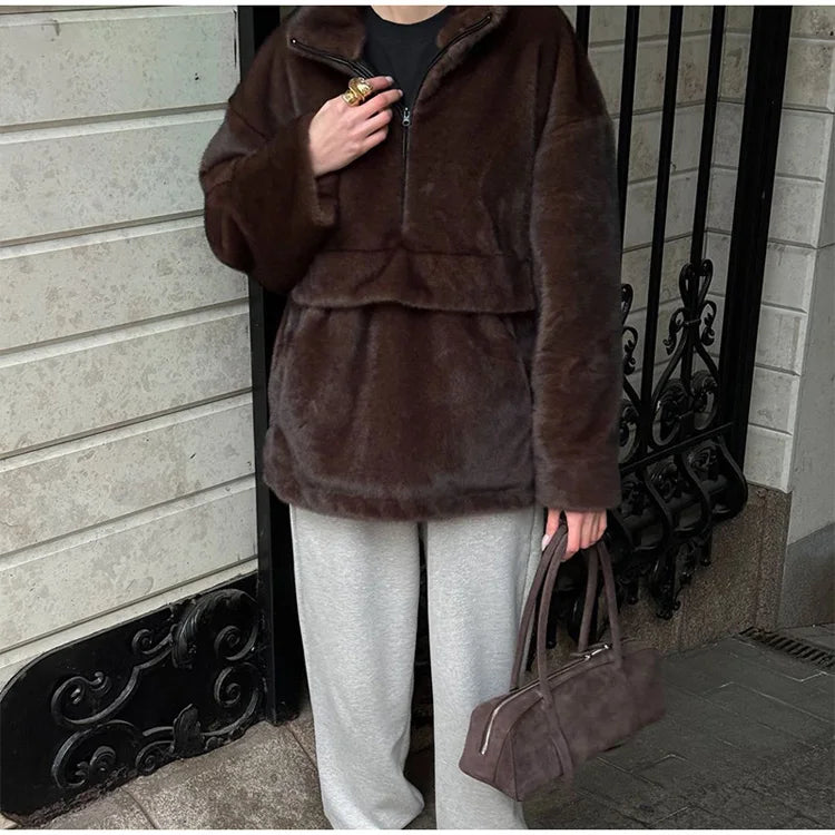 Mueyeruho Women's Faux Mink Fur Sweatshirt - Warm Brown Pullover
