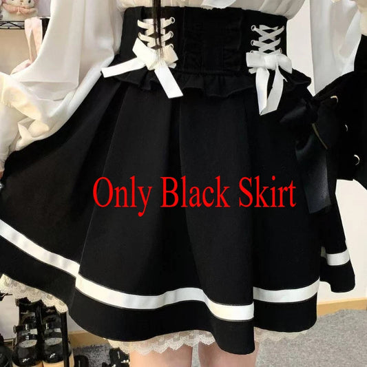 Japanese Kawaii Mini Cake Skirts Womens Jupe Fairy Bandage Lolita High Waist Y2k Aesthetic Sweet Lace Gothic JK Faldas Skirt SS69 20.69 444 black skirt / XS