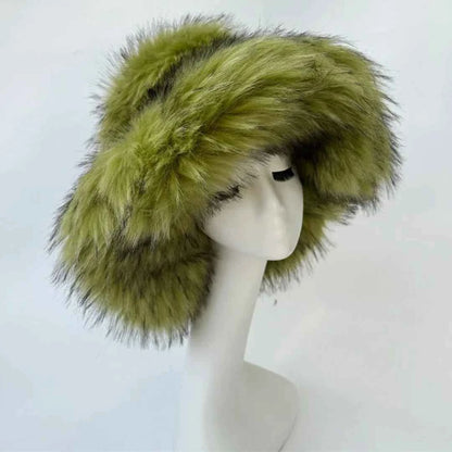 Luxury Fluffy Women Faux Fur Bucket Hats Oversized 17cm Wide Brim Thicken Outdoor Warm Plush Punk Hat Girl Y2k Female Ski Panama