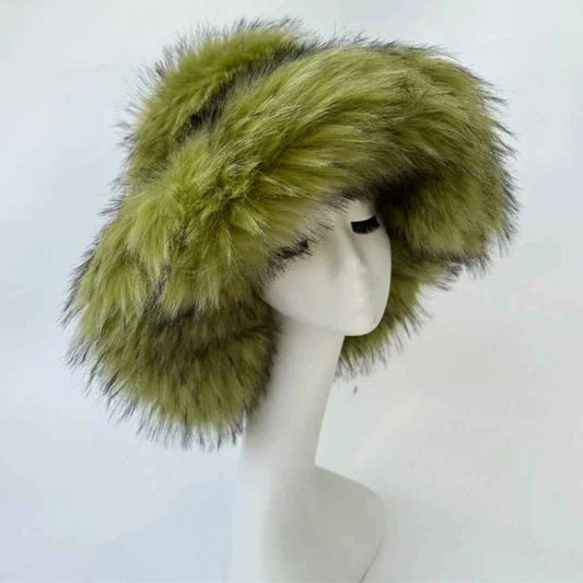 Luxury Fluffy Women Faux Fur Bucket Hats Oversized 17cm Wide Brim Thicken Outdoor Warm Plush Punk Hat Girl Y2k Female Ski Panama