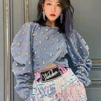 Spring Autumn Women Rivets Long Lantern Sleeve Denim Coat Short Pearls Beading Jeans Bomber Jacket Cowboy Cardigan Tops 2023 SS69