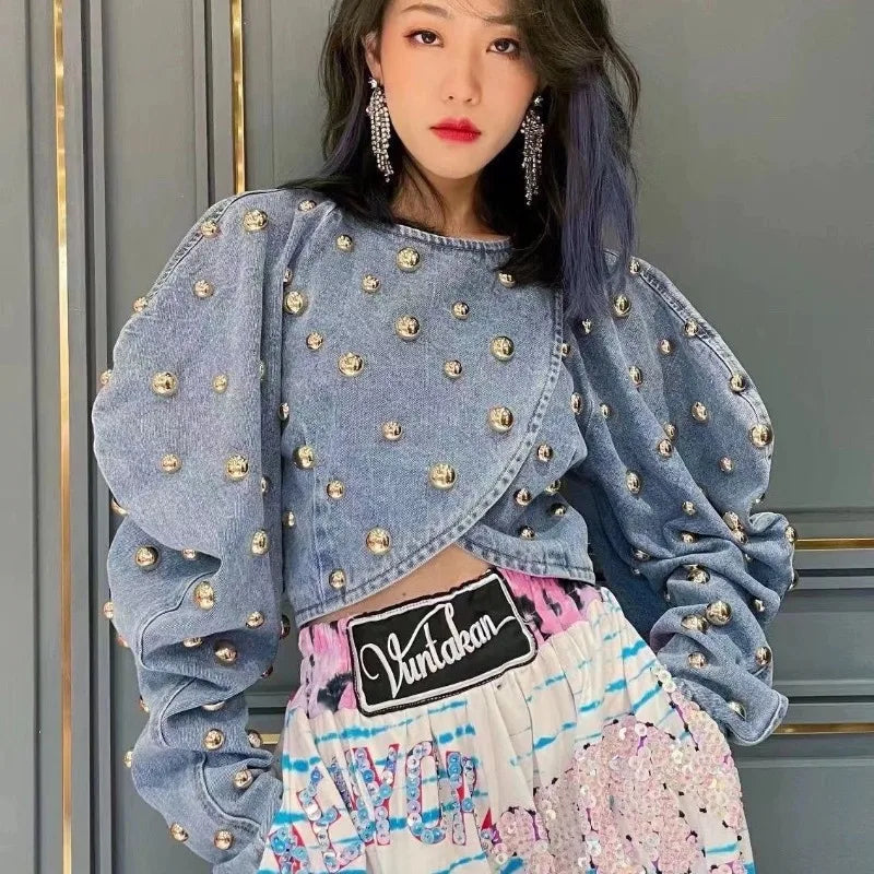 Spring Autumn Women Rivets Long Lantern Sleeve Denim Coat Short Pearls Beading Jeans Bomber Jacket Cowboy Cardigan Tops 2023 SS69