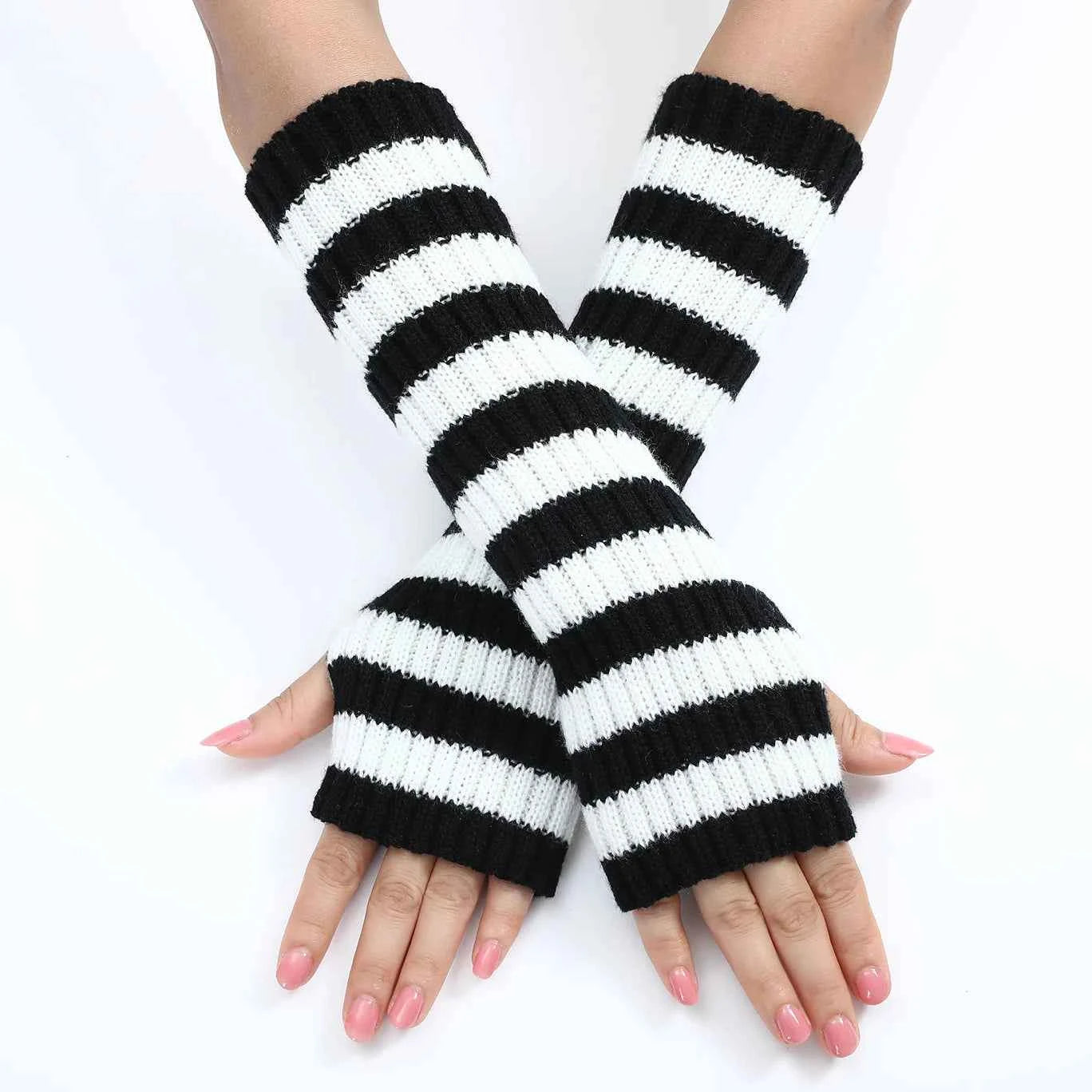 Gothic Striped Knitted Fingerless Arm Sleeves Black White Striped Winter Long Arm Warmers Girls Harajuku Y2K Wrist Gloves