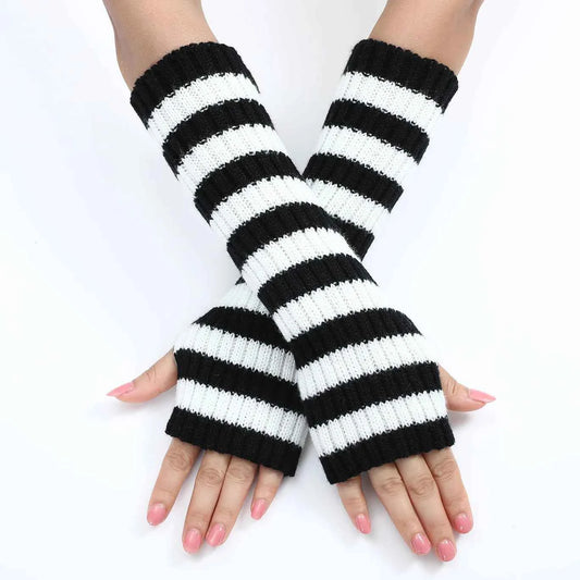Gothic Striped Knitted Fingerless Arm Sleeves Black White Striped Winter Long Arm Warmers Girls Harajuku Y2K Wrist Gloves