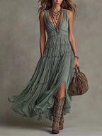 Women Boho Sleeveless V Neck Tiered Pleated Maxi Dress Ruffled Chiffon Flowy Split Hem Vintage Country Casual Western Long Dress