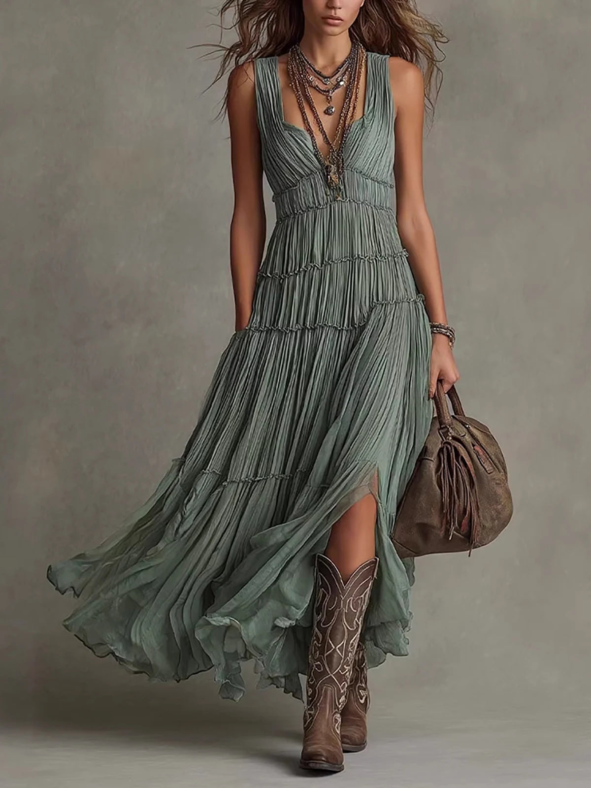 Women Boho Sleeveless V Neck Tiered Pleated Maxi Dress Ruffled Chiffon Flowy Split Hem Vintage Country Casual Western Long Dress