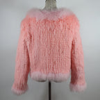 New Women Autumn Winter Knitted Real Rabbit Fur Coat 100% Natural Rabbit Fur Jacket With Fox Fur Collar Overcoat For Female