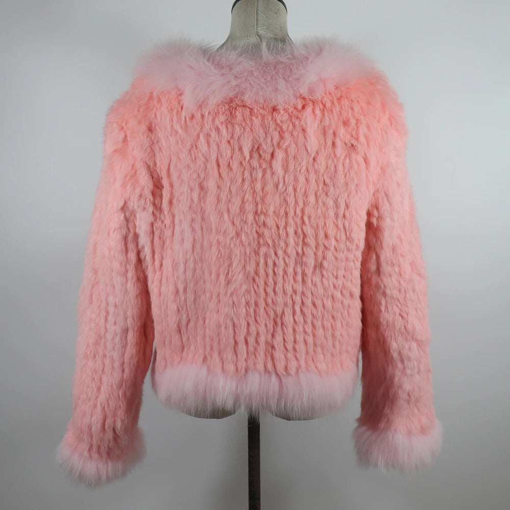 New Women Autumn Winter Knitted Real Rabbit Fur Coat 100% Natural Rabbit Fur Jacket With Fox Fur Collar Overcoat For Female