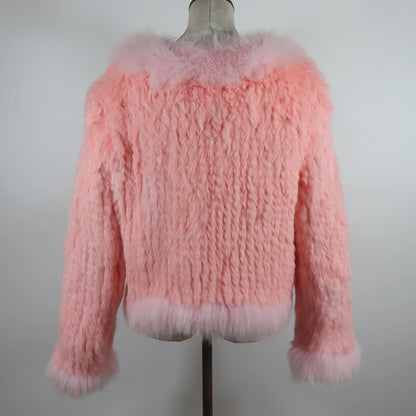 New Women Autumn Winter Knitted Real Rabbit Fur Coat 100% Natural Rabbit Fur Jacket With Fox Fur Collar Overcoat For Female