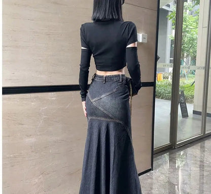 Maxi Skirt Women Casual Mermaid Streatwear High Waist Zipper Denim Skirts Y2k Streetwear Loose Long Mom Jeans Ankle Lenth Summer SS69