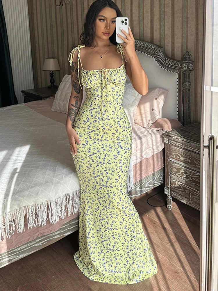 Hugcitar Women Floral Spaghetti Strap Bodycon Maxi Dress