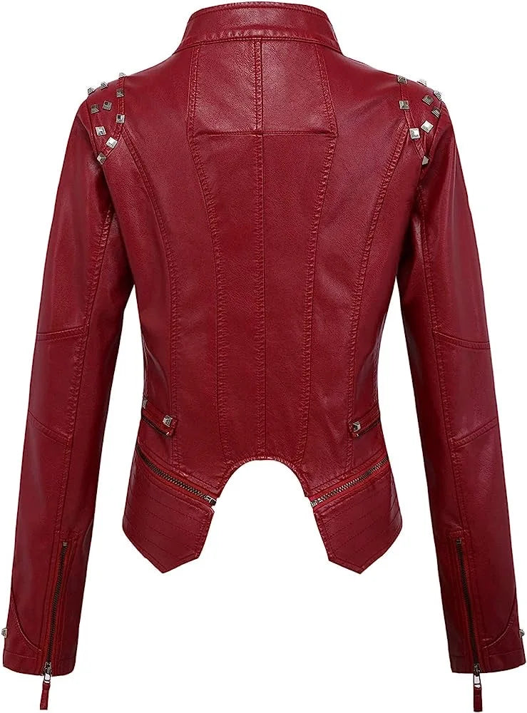 2025 Spring PU Leather Jacket with Rivet Detail