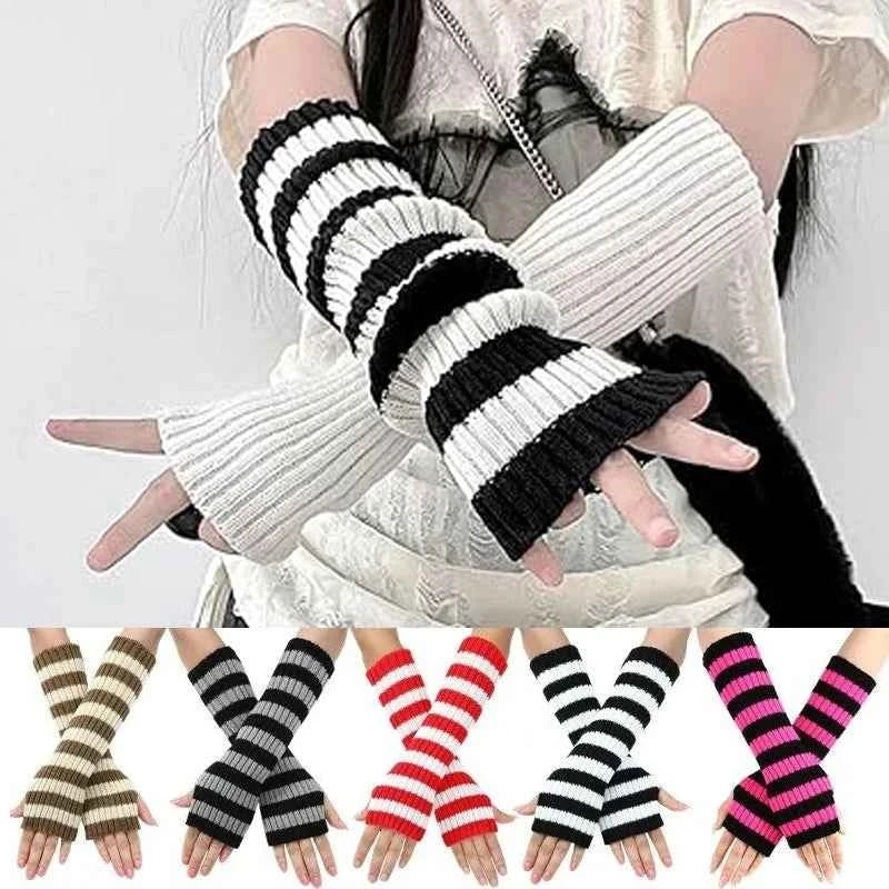 Gothic Striped Knitted Fingerless Arm Sleeves Black White Striped Winter Long Arm Warmers Girls Harajuku Y2K Wrist Gloves