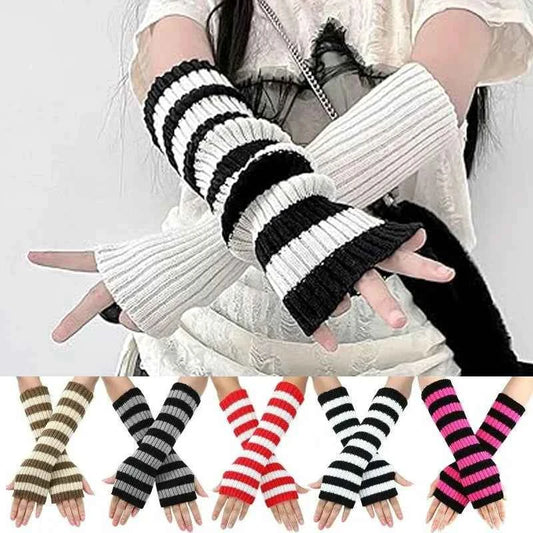 Gothic Striped Knitted Fingerless Arm Sleeves Black White Striped Winter Long Arm Warmers Girls Harajuku Y2K Wrist Gloves