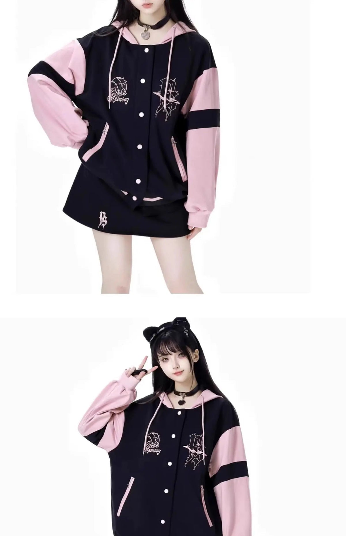 Sweet Cool Embroidery Pink Black Hoodies Baseball Slim Zipper Women Sweatshirt Jacket Loose Casual Trousers Sweet Mini Skirt Set SS69