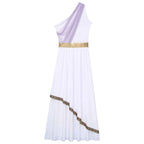 Womens Ancient Greek Princess Toga Goddesses Costume Grecian One Shoulder Chiffon Overlay Vintage Trim Tunic Dress Gown Dress