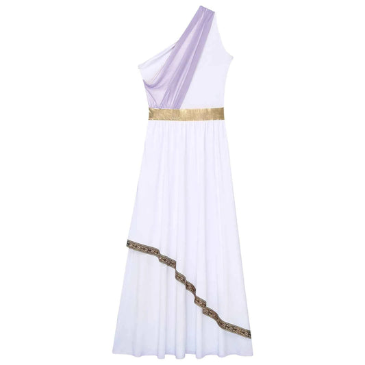Womens Ancient Greek Princess Toga Goddesses Costume Grecian One Shoulder Chiffon Overlay Vintage Trim Tunic Dress Gown Dress