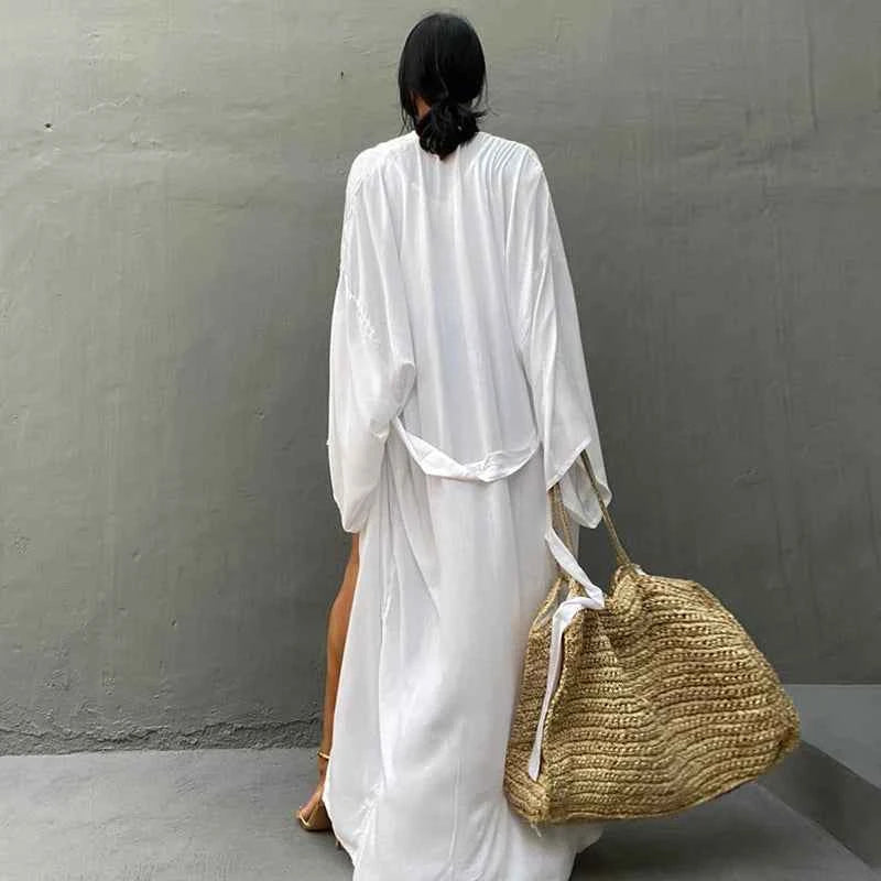 Solid Beach Cover Up Women Self Belted Wrap Kimono Dress Swimsuit 2025 New Robe Summer Beachwear Factory Supply