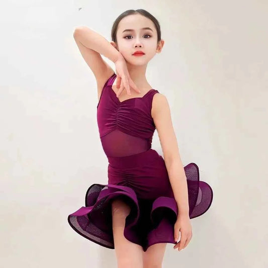 Professional Latin Dance Dress Purple Samba Dancing Ballroom Dance Costume Rumba Dancing Elegant Stage Costume Children Girls