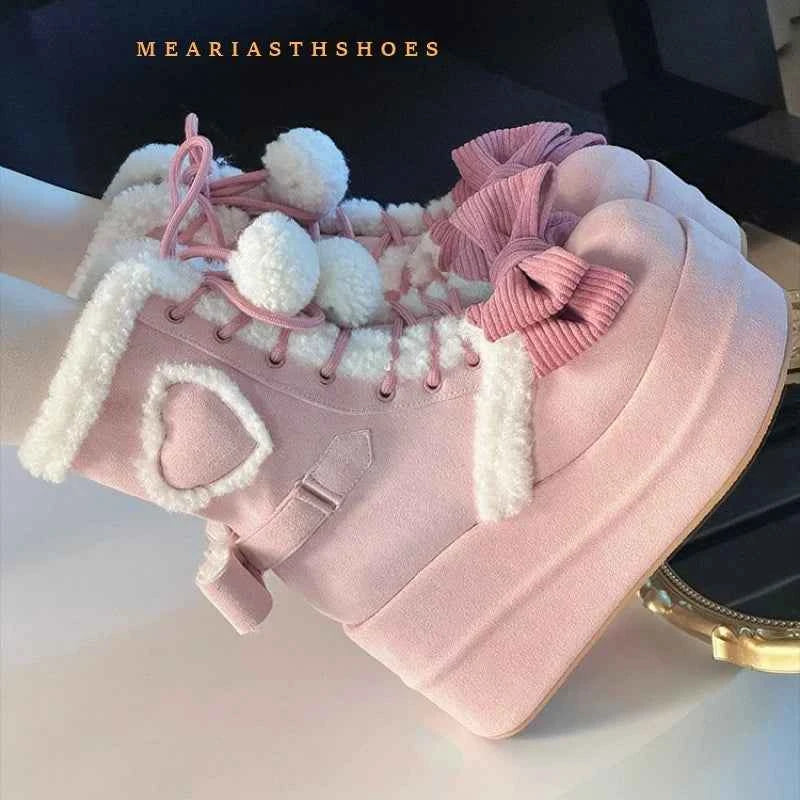 pink Sweet Winter Girls Lolita Mid-Calf Snow Boots,Cute Female Students Plush Warm Bowknots Lace Up Wedge Heel Heightening Shoes