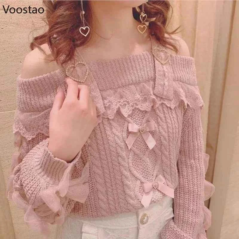 SS69 Vintage Sweet Lolita Knit Pullover with Lace Ruffles and Bows