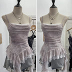 Women's Vintage Tie-dye Printed Mesh Spaghetti Strap Camisole Hot Girl Irregular Ruffled Ribbon Sleeveless Top Partyclub 1185