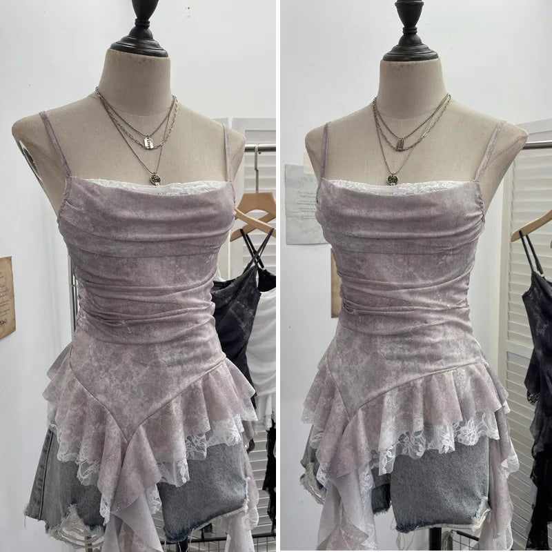 Women's Vintage Tie-dye Printed Mesh Spaghetti Strap Camisole Hot Girl Irregular Ruffled Ribbon Sleeveless Top Partyclub 1185