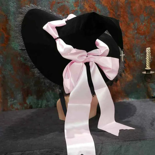 Handmade Lace Witch Pointed Hats Bandage Bow Wizard Hat Adult Gothic Lolita Cosplay Costume Halloween Party Bucket Hat