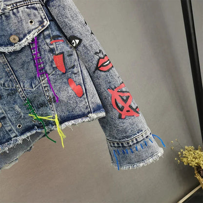 Women Diamonds Beaded Letters Graffiti Denim Coat Holes Rivets Tassels Jeans Bomber Jacket Casual Eyelet Cowboy Cardigan Jaqueta SS69