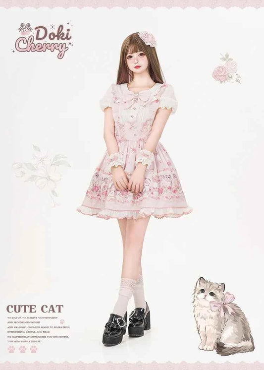 Original New Spring Summer Cute Print Short-sleeved Lolita OP Dress Japanese Sweet Girl Mass-produced Kawaii Bow Short Dresses