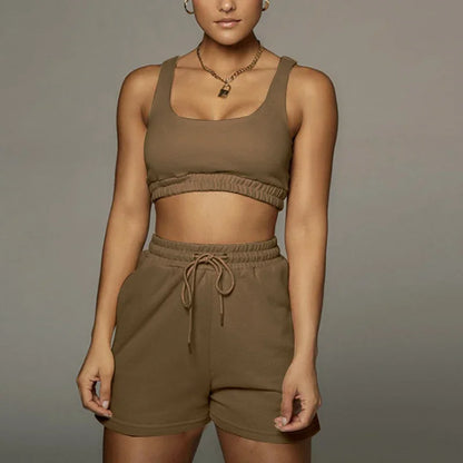 Crop Tops And Drawstring Shorts Set Sexy U-Neck Fitness Tank Top Summer Athleisure Biker Shorts Two Piece Sets Women Streetwear - SS69