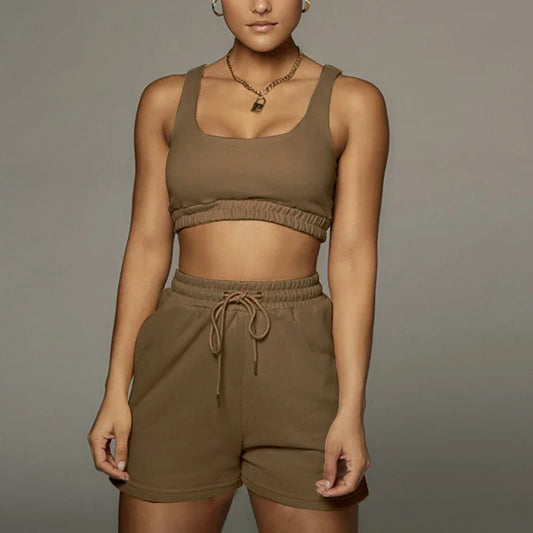 Crop Tops And Drawstring Shorts Set Sexy U-Neck Fitness Tank Top Summer Athleisure Biker Shorts Two Piece Sets Women Streetwear - SS69