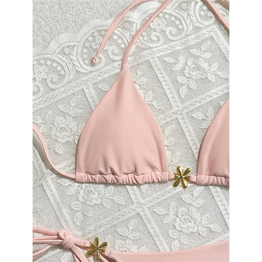 S - XL Metal Flower Halter Strappy Bikini Female Swimsuit Women Swimwear Two-pieces Bikini set Bather Bathing Suit Swim V6504 SS69