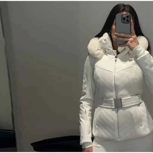 Fashion Solid Warm Ski Suit Women's Hood Fur Trim Full Sleeves Belt Coats High Waist Pants 2025 Winter Lady Windproof Tracksuit