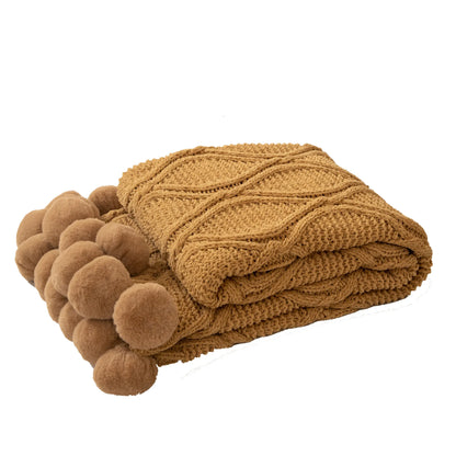 Luxury Chunky Knit Blanket with pom poms- Thick, Soft, Big, Cozy Throw Blankets for Couch, Bed, Sofa, Chair-130×170CM