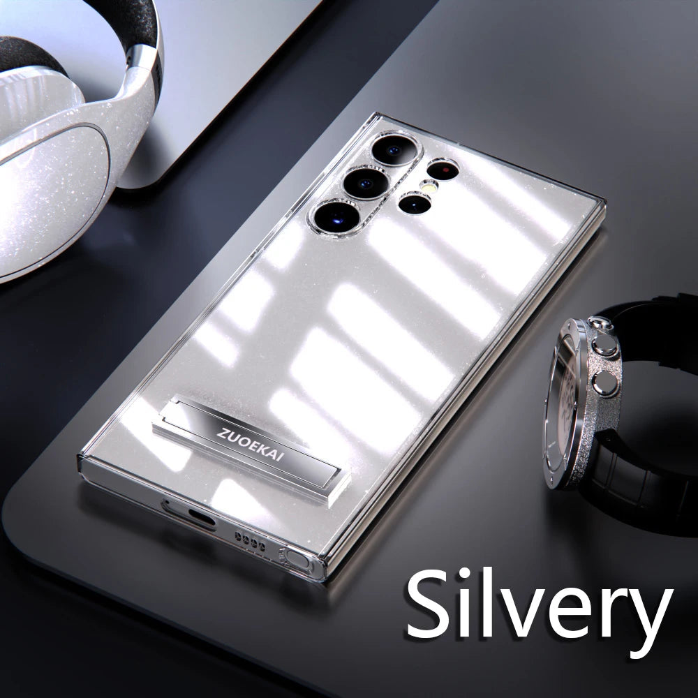 For Samsung Galaxy S25 S24 S23 S22 Ultra Transparent Kickstand Case with Bracket Standing Transverse Protective Clear Soft Cases SS69 9.69 Silvery / For S22Plus